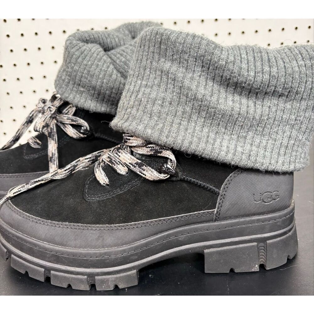UGG WOMANS BLACK ASHTON HIKER LACE UP WATERPROOF SUEDE KNIT BOOTS SIZE 10 - Picture 2 of 11
